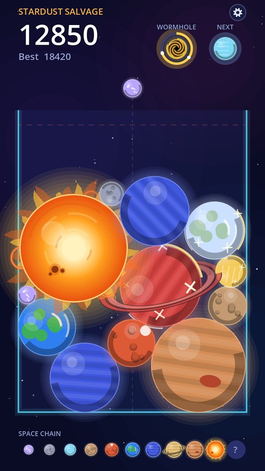Stardust Salvage gameplay: planets, a sun and Saturn stacked in the jar